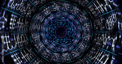 Molecular chemical formulas forming an endless tunnel with dots and lines of atomic lattices
