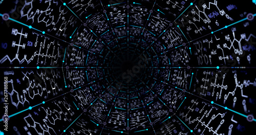 Molecular chemical formulas forming an endless tunnel with dots and lines of atomic lattices