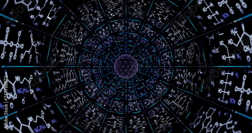 Molecular chemical formulas forming an endless tunnel with dots and lines of atomic lattices