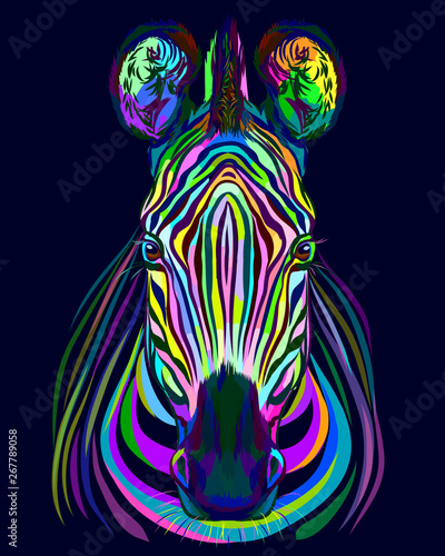 Abstract multicolored portrait of zebra head on blue background