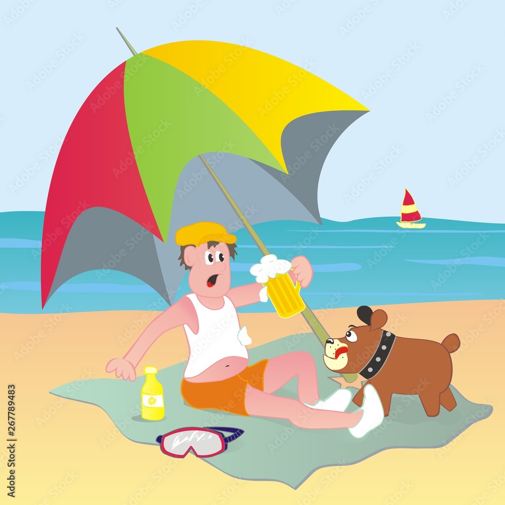Man with dog on the beach, funny vector illustration