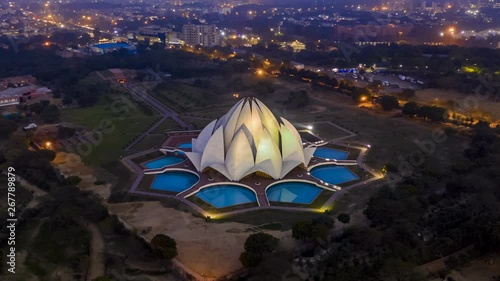 Lotus temple hyperlapse day to night, aerial 4k