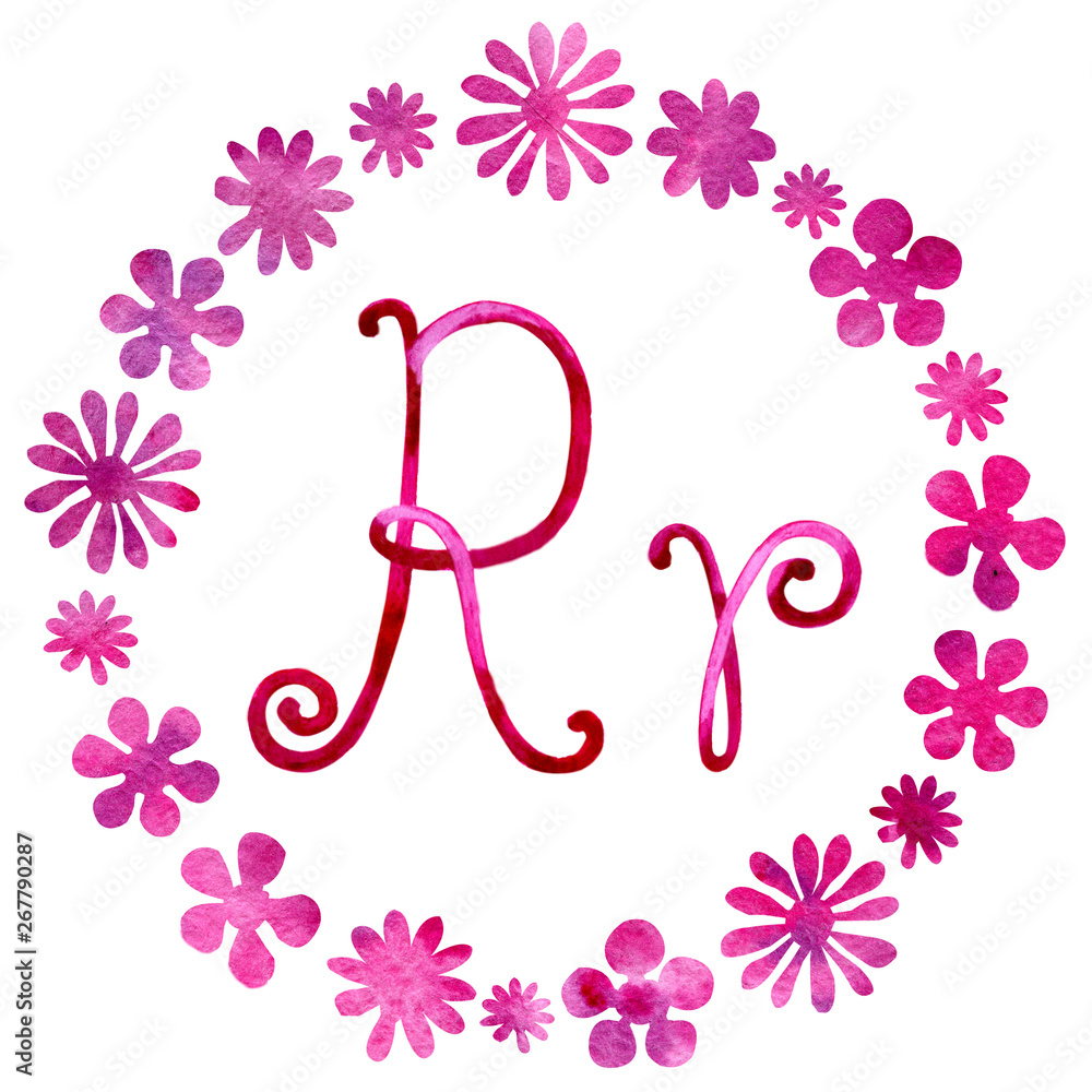 English alphabet (letter R), isolated on a white background, in an elegant frame, handwritten. Watercolor drawing. For design of posters, books, cards, invitations English alphabet (letter R), isolated on a white background, in an elegant frame, handwritten. Watercolor drawing. For design of posters, books, cards, invitations