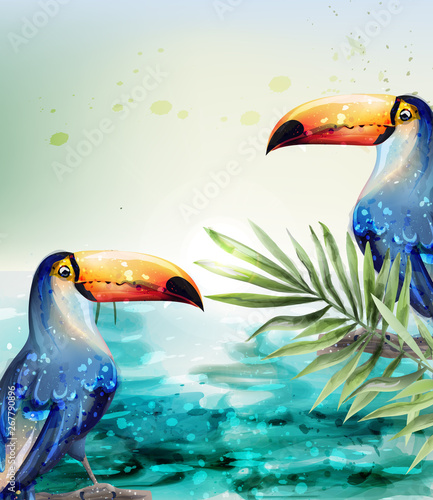 Toucan Vector watercolor. Tropic exotic summer card with parrots design