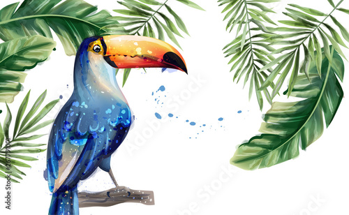 Toucan Vector watercolor. Tropic exotic summer card with parrots design