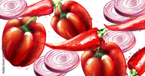 Red pepper and onion Vector pattern. Menu restaurant textures