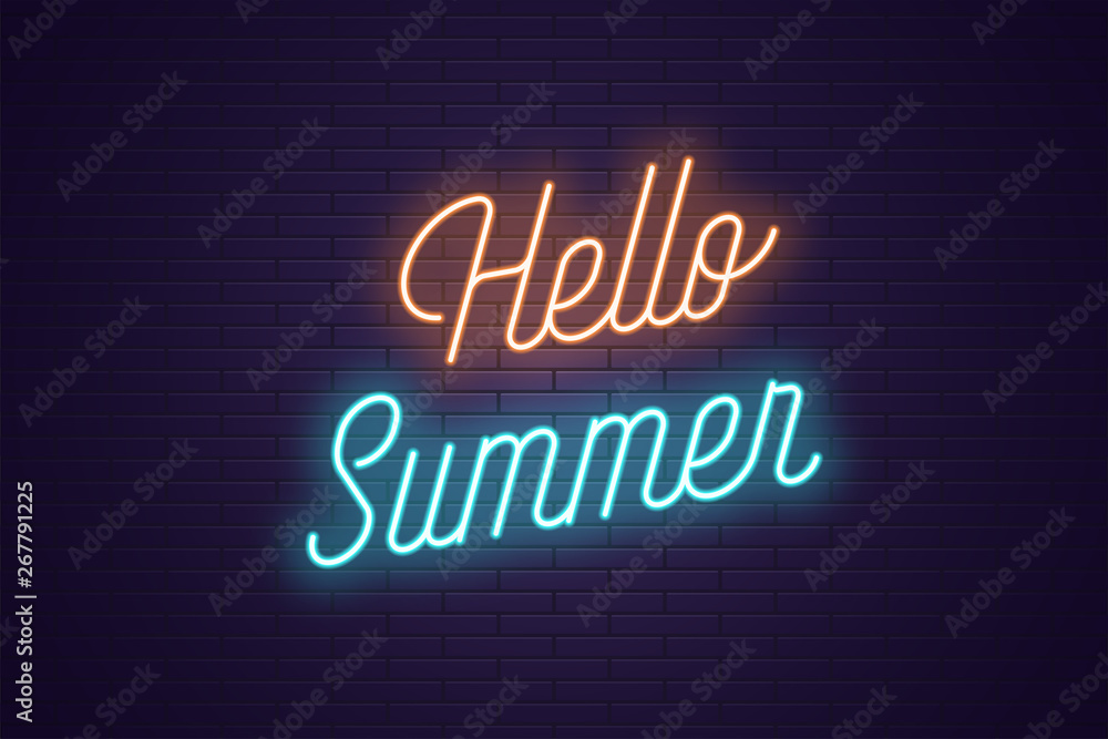 Neon lettering of Hello Summer. Glowing text