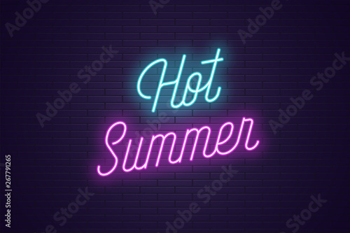 Neon lettering of Hot Summer. Glowing text