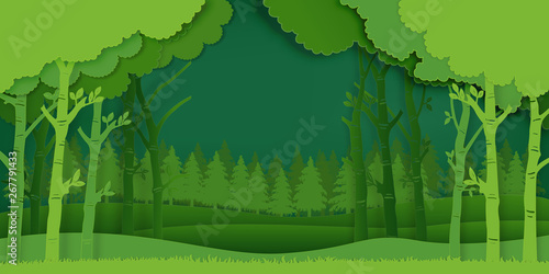 Paper art and digital craft style of Eco green nature background  forest plantation as ecology and environment conservation creative idea concept. Vector illustration.