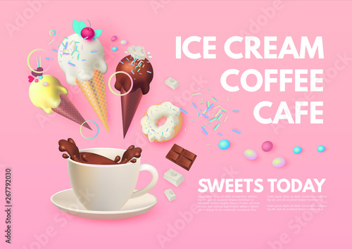 Coffee and Ice Cream. Cafe Ad Design Template. Sweets Shop. Gelato. Coffee to Go.