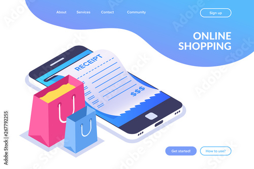 Online shopping isometric concept. shopping bags on the background of a mobile phone. Receipt on the smartphone screen. Flat vector illustration.