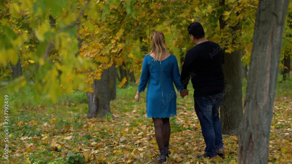 man and woman go by the hand in autumn park man and woman go by the hand in autumn park