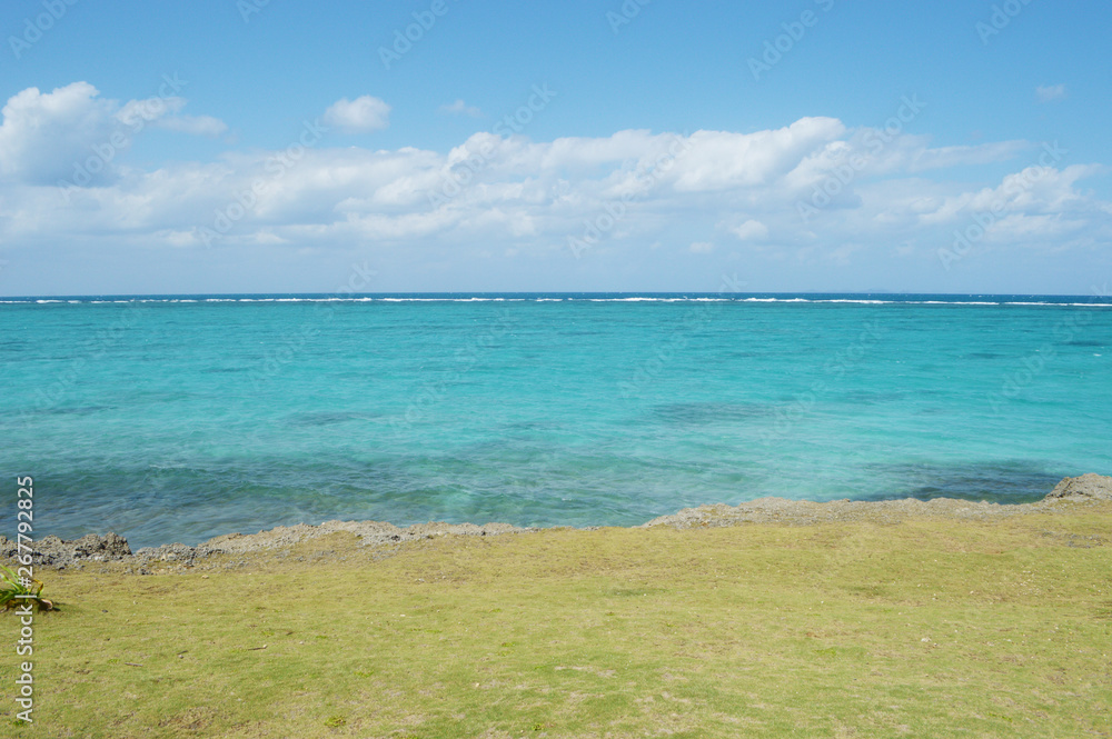緑の芝生と青い空とエメラルドグリーンの海