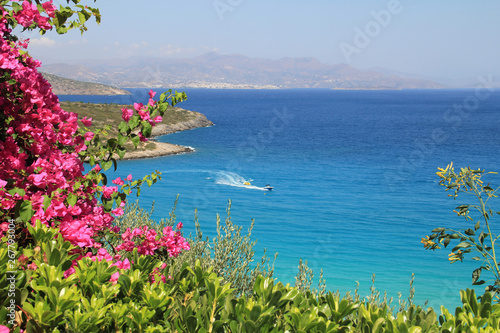 Sailing in blue sea lagoon, speed boats in the gulf on a sunny summer day. Beautiful landscape with tropical coast view from above. Exotic paradise landscape with flowers frame, tourism concept