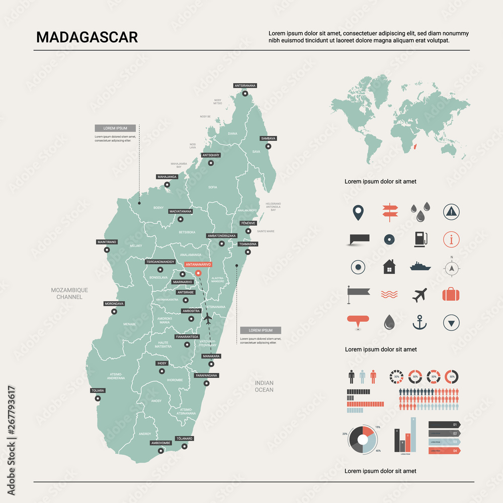 Vector map of Madagascar. Country map with division, cities and capital Antananarivo. Political map,  world map, infographic elements.