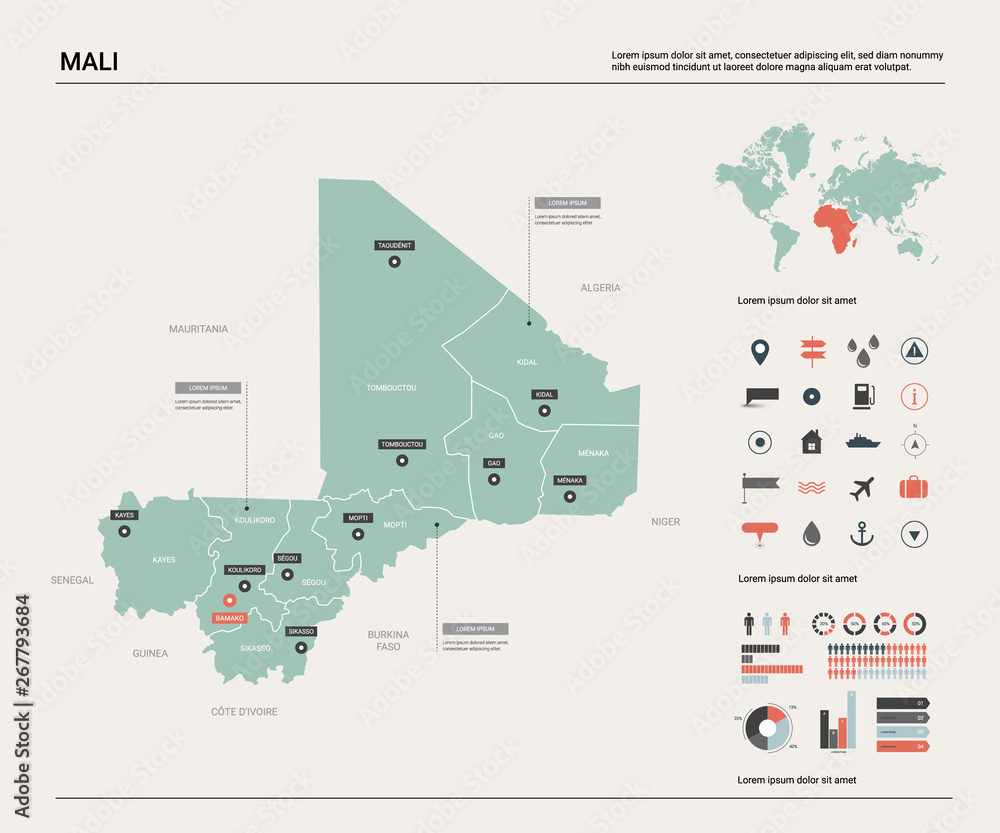 Vector map of Mali. Country map with division, cities and capital Bamako. Political map,  world map, infographic elements.
