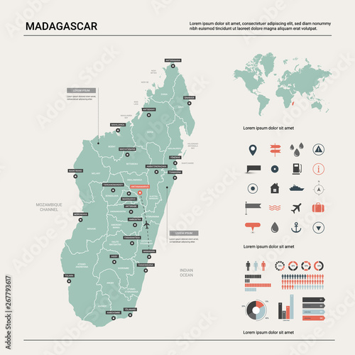 Vector map of Madagascar. Country map with division, cities and capital Antananarivo. Political map, world map, infographic elements.