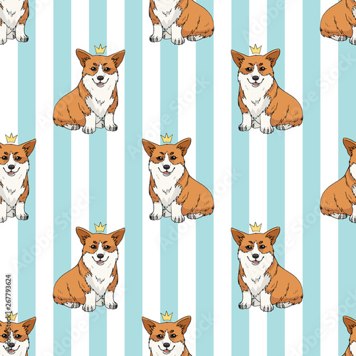 Seamless pattern with cute cartoon pembroke welsh corgi wearing a crown isolated on light blue and white striped background. Endless texture with funny dogs for your design
