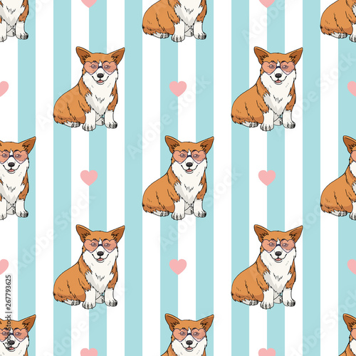 Seamless pattern with cute sitting pembroke welsh corgi wearing pink heart glasses on light blue and white striped background. Endless texture with funny cartoon dogs for your design