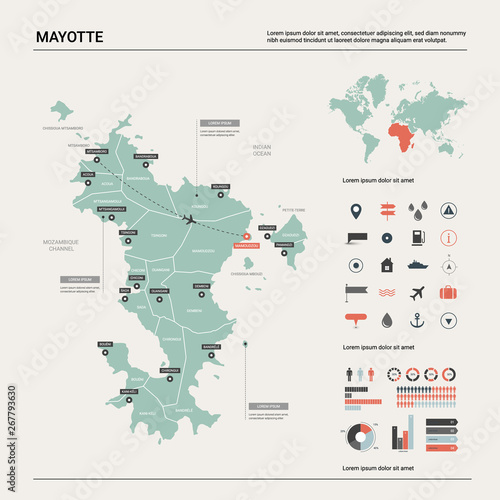 Vector map of Mayotte. Country map with division, cities and capital. Political map, world map, infographic elements.
