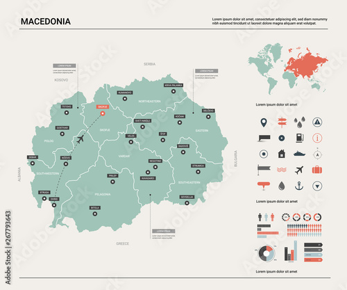 Vector map of Macedonia. Country map with division, cities and capital Skopje. Political map, world map, infographic elements.
