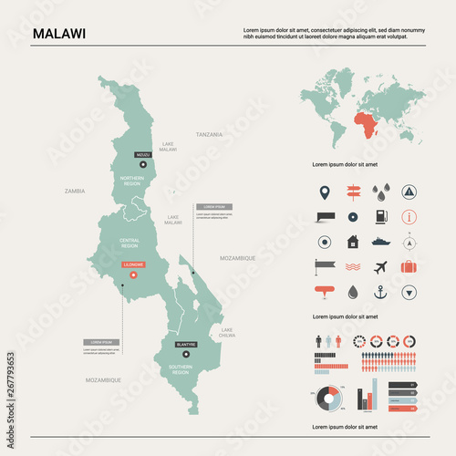 Vector map of Malawi. Country map with division, cities and capital Lilongwe. Political map, world map, infographic elements.