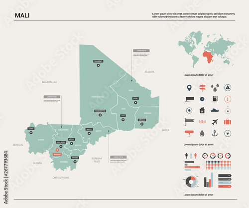 Vector map of Mali. Country map with division, cities and capital Bamako. Political map, world map, infographic elements.