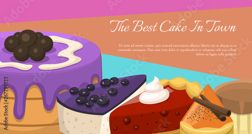 Baking shop pie menu vector illustration. Chocolate and fruity desserts for sweet cake shop with cupcakes, bakery cakes, berry pudding, biscuits, whipped cream, beries glaze
