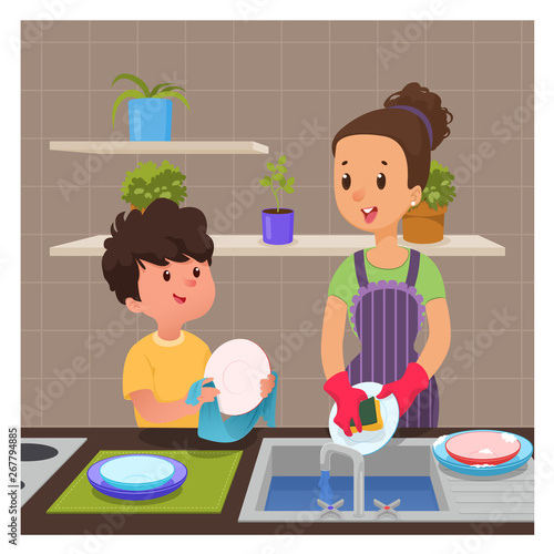 Cute boy helps mom to wash dishes
