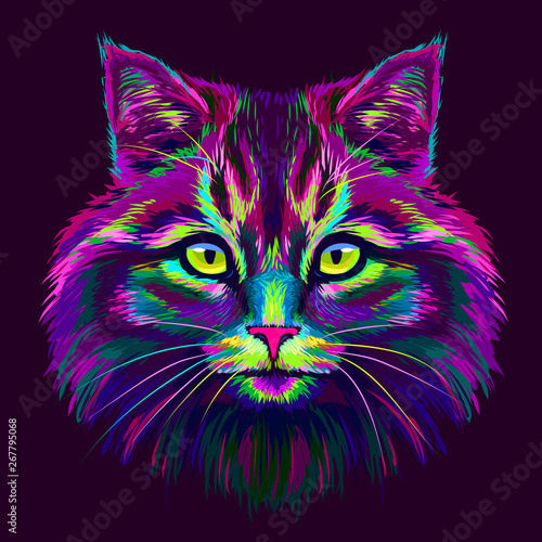 Hand-drawn, abstract, multicolored portrait of a cat looking forward on a purple background.