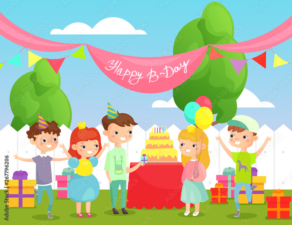 Vector illustration of kids birthday party on back yard background with funny friends, happy children company of boys and girls having fun, celebrating birthday with big cake and lot of presents