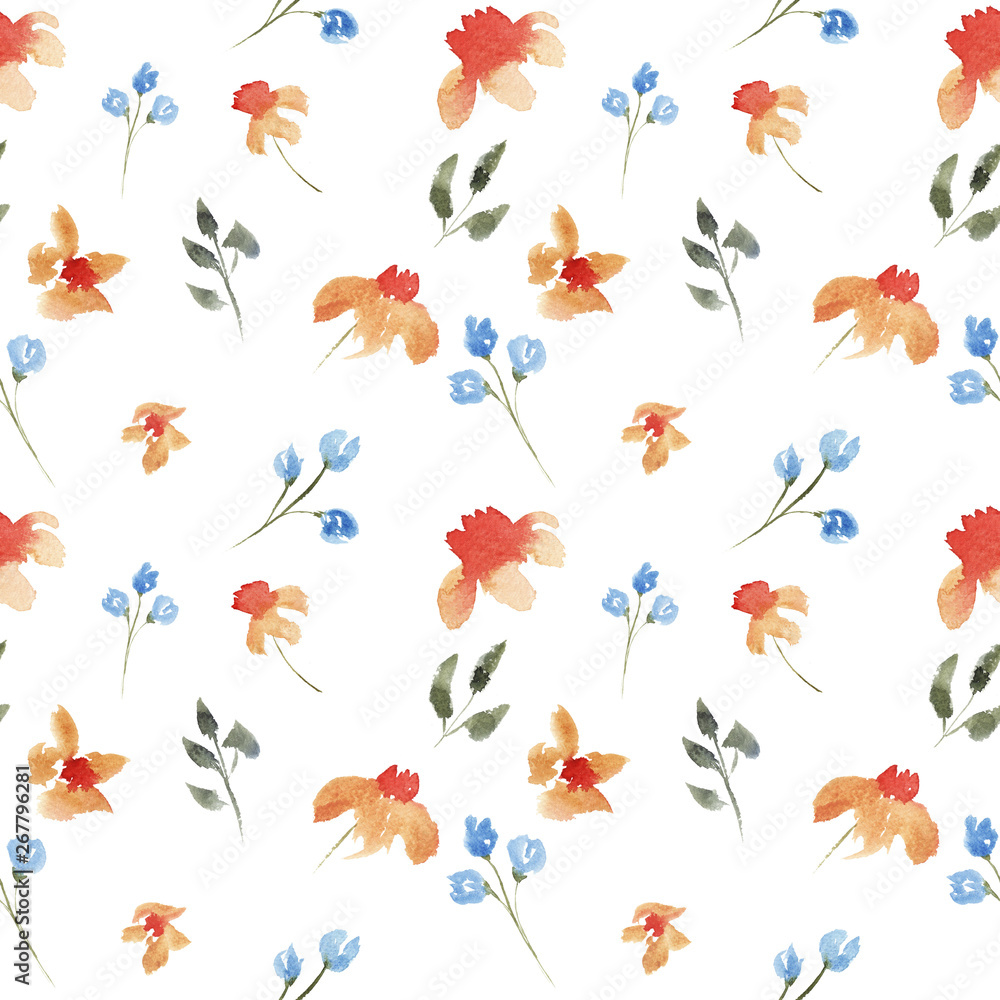 Obraz premium seamless hand drawn beautiful watercolor floral pattern with blue and orange flowers on white background