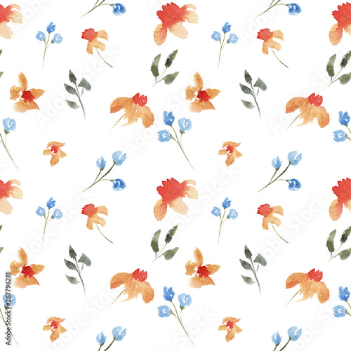 seamless hand drawn beautiful watercolor floral pattern with blue and orange flowers on white background