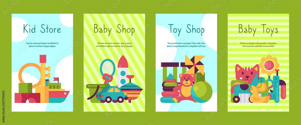 Baby toy shop cards in flat cartoon style. Kids game market includes teddy bear, pyramid, doll. Children fun and activity play colorful store kindergarten vector illustration.