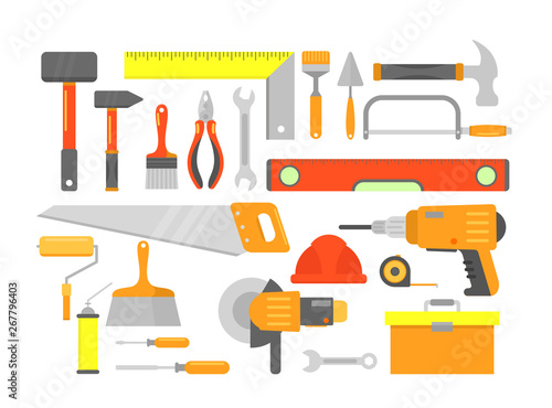 Vector illustration set of building tools and elements for building in bright colors isolated on white background in flat cartoon style.