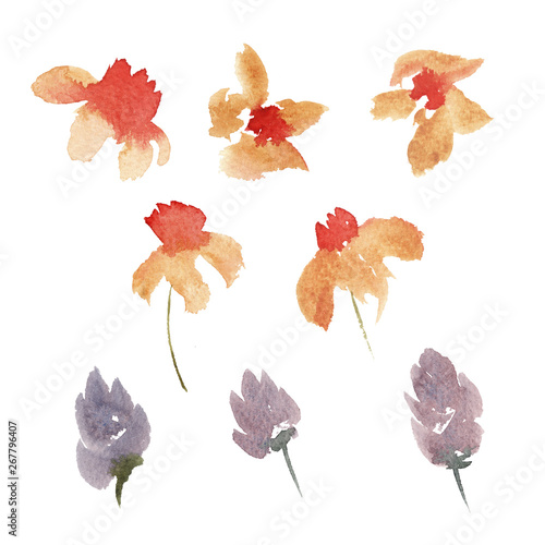hand drawn beautiful colorful loose watercolor set of orange and violet flowers isolated on white background
