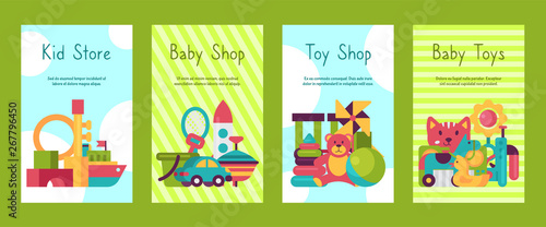 Baby toy shop cards in flat cartoon style. Kids game market includes teddy bear, pyramid, doll. Children fun and activity play colorful store kindergarten vector illustration.