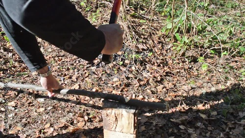 Close-up man's hands cut wooden stick with an ax on the hive in forest. Cutting edge. Falling autumn leaves in background.