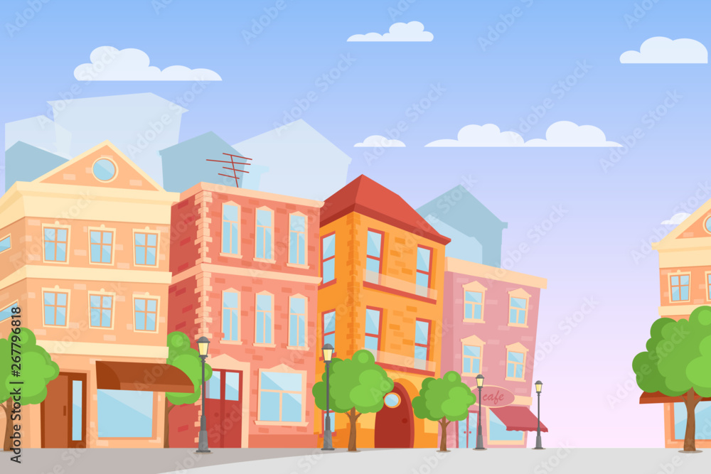 Vector illustration of cartoon city in bright colors, day time, cute city street with colorful houses in flat style.