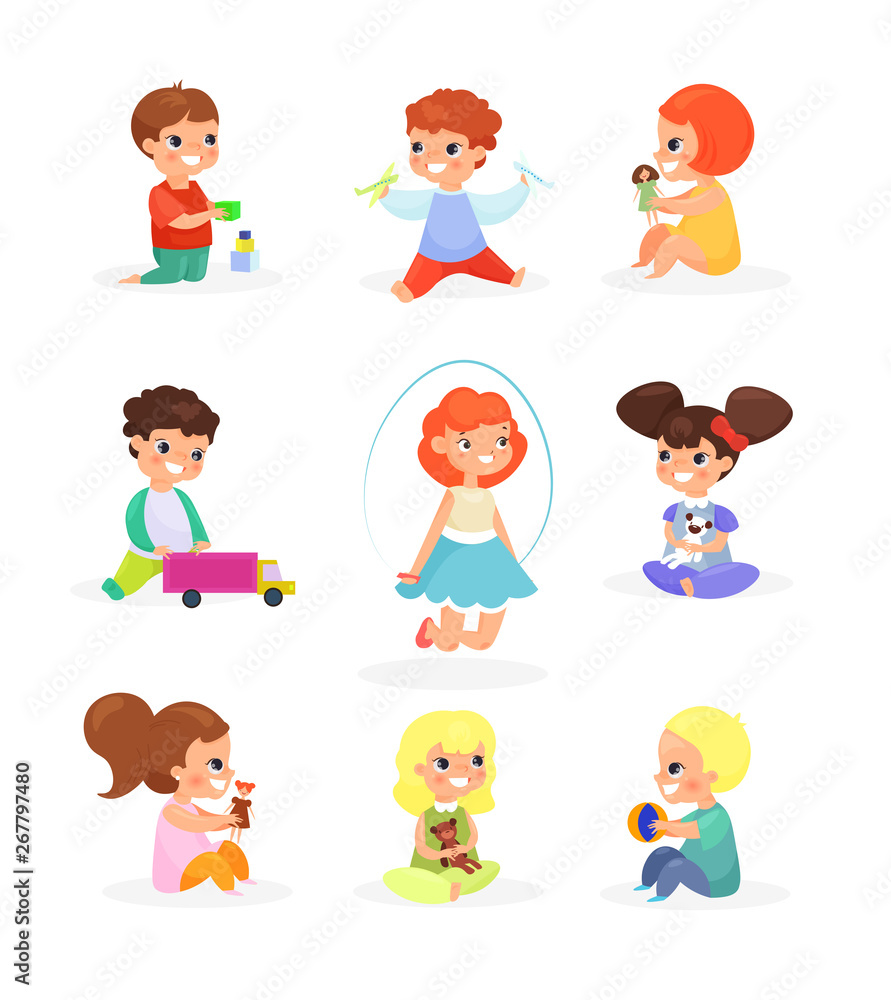 Vector illustration set of cute kids playing with toys, dolls, jumping, smiling. Happy children having fun, cartoon flat style. Vector illustration set of cute kids playing with toys, dolls, jumping, smiling. Happy children having fun, cartoon flat style.