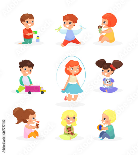 Vector illustration set of cute kids playing with toys  dolls  jumping  smiling. Happy children having fun  cartoon flat style.