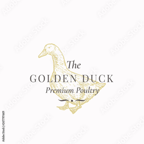 The Golden Duck Abstract Vector Sign, Symbol or Logo Template. Hand Drawn Domestic Bird Sillhouette with Retro Typography. Vintage Luxury Vector Emblem.