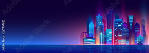 Vector illustration of beautiful night city with neon lights and glow colors. Modern big city, night megapolis.