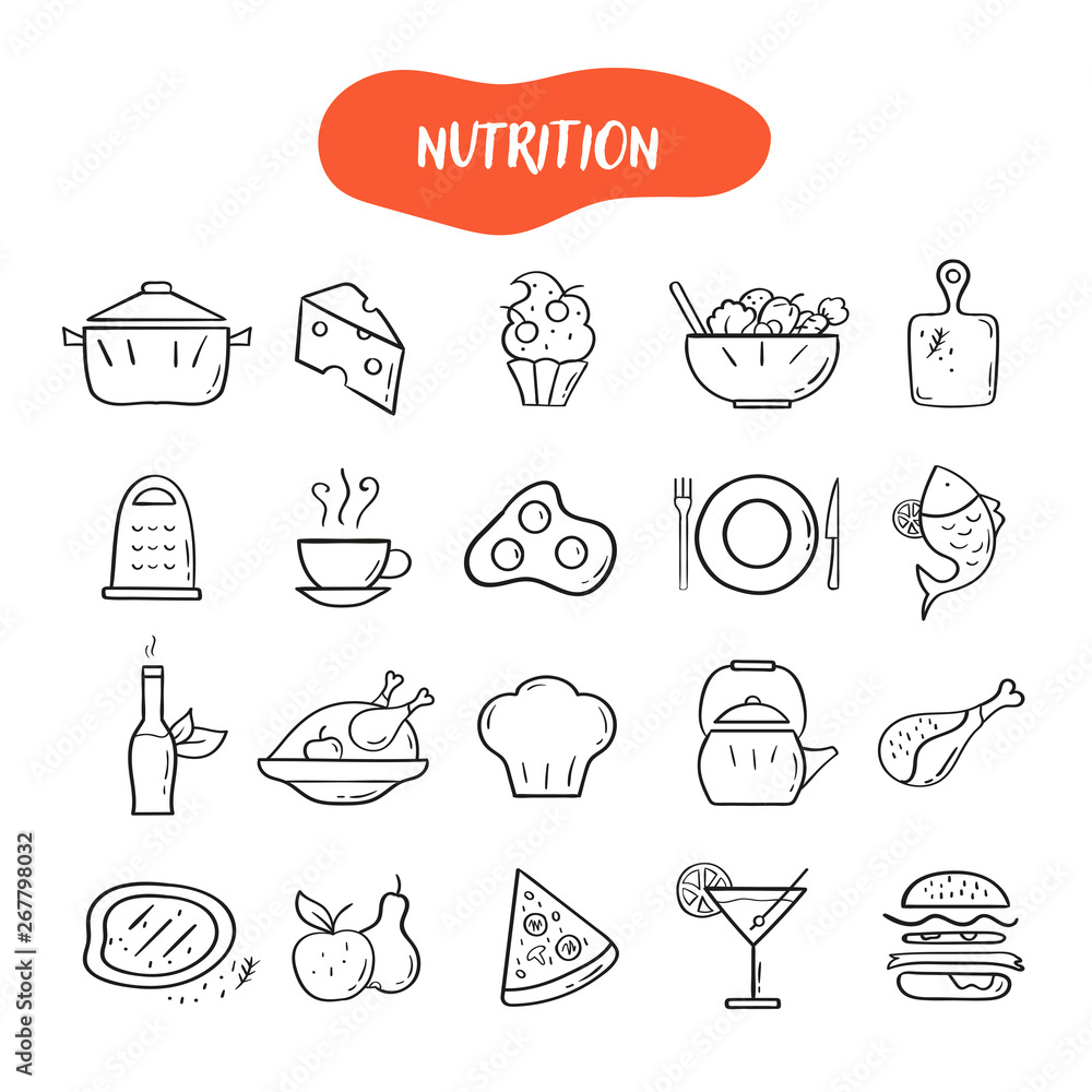 Hand drawn line style icons of Nutrition. Doodle icons set 