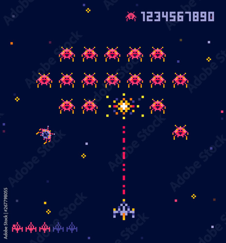 Vector illustration of old pixel art style Ufo space war game. Pixel monsters and spaceship. Retro game, 8 bit game concept, trendy 90s style.