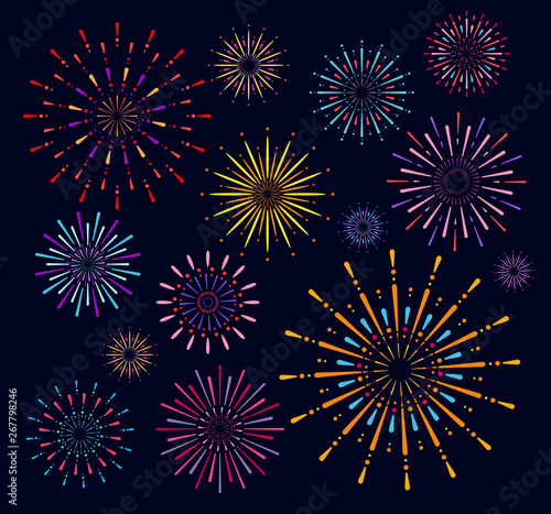 Vector illustration collection of colorful festive bright firework salute. Salute on night sky background.