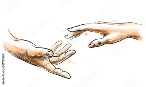 Male and female hand outstretched to touch. Sketchy vector illustration on white background with splashes of watercolor.
