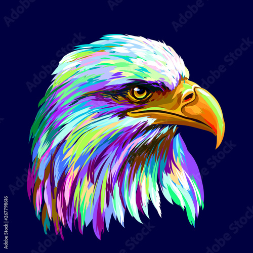 Abstract, multi-colored portrait of a eagle on a dark blue background.