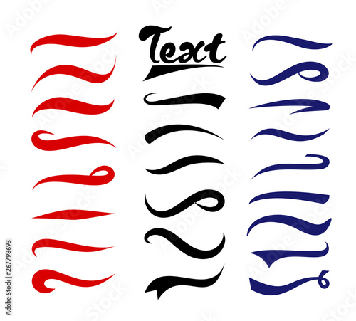 Vector illustration set of text elements. Typography tails collection. Swirling swash and swoosh. Red, blue and black elements for text and logos isolated on white background.