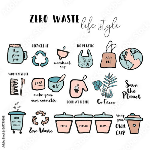 Hand drawn seamless pattern with  doodle elements of zero waste lifestyle. 